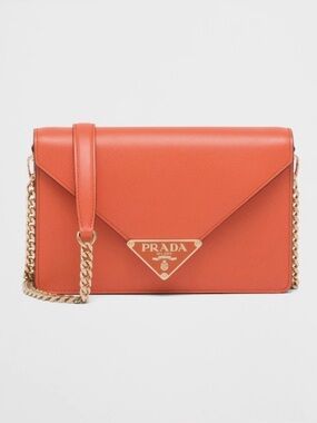 Rare Prada Arancio Saffiano Crossbody with Gold Chain and Logo Plaque
